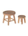 The Maileg Table & Stool set by Maileg features a charming wooden table and matching stool with round seats and four legs, ideal as mouse furniture or mice accessories and perfect for imaginative play on a white background.