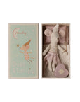 The Maileg Tooth Fairy Mouse gift box by Maileg features a cute mouse dressed as a fairy with a pink tutu, wand, and hat, lying in a matchbox next to a heart-shaped tooth box. The lid shows "Maileg Dream & Tooth Fairy" with the mouse illustration.