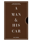 The "A Man & His Car" coffee table book by Hachette Book Group features white text on a brown cover with a minimalist design and a cut-out semicircle—ideal for car lovers and enthusiasts of classic automobiles.