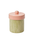 The 50460 Margot Canister by Accent Decor features a ceramic cylindrical base with vertical green stripes on white and a pink speckled lid with knob, making it a charming, food-safe decorative kitchen container.