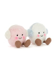 The Amuseables Toastie Pink and White Marshmallows by Jelly Cat Inc. are two round, fluffy plush toys—one pink, one white—with smiling faces, corduroy feet, and ear muffs—a cozy duo perfect as a charming winter gift.