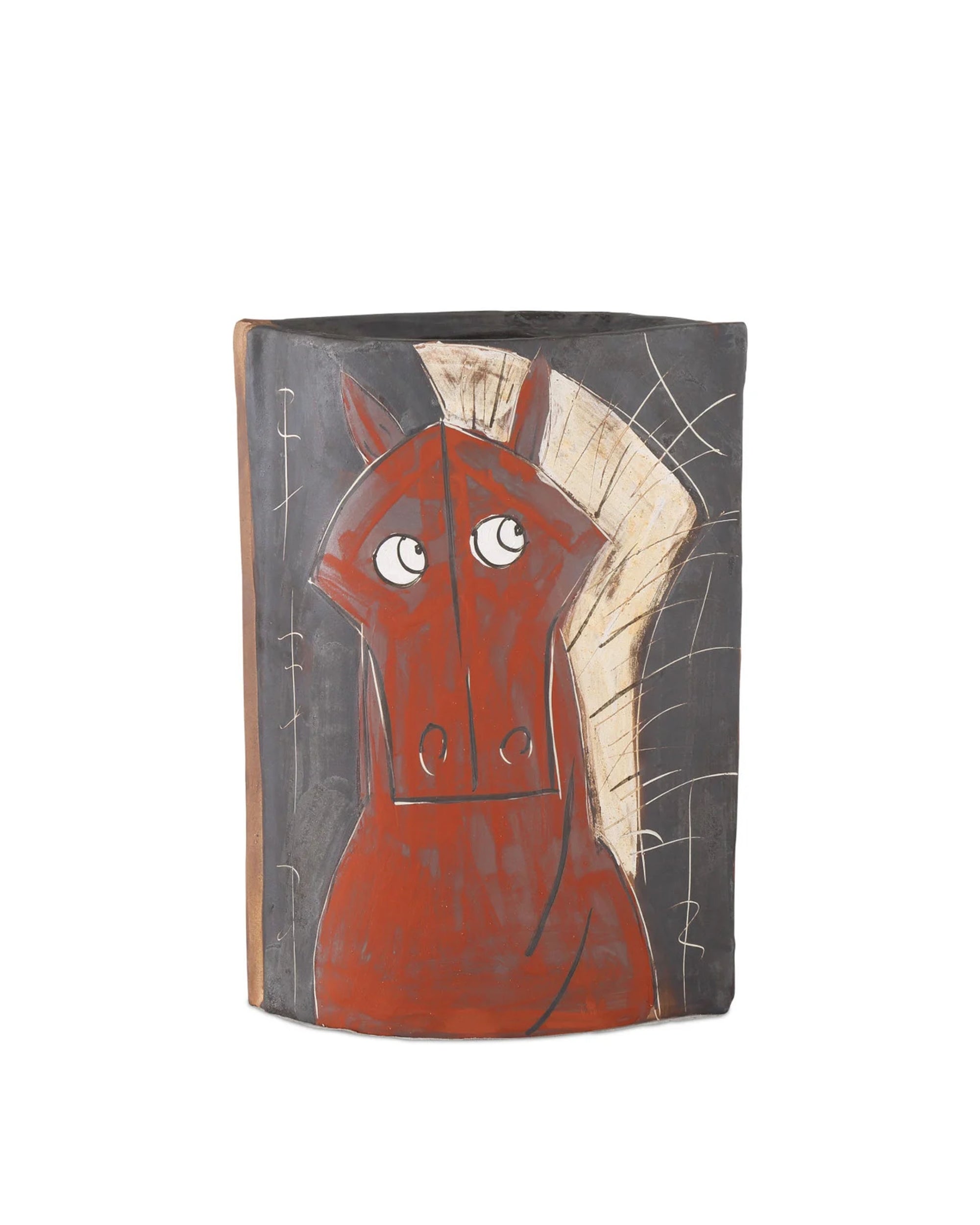 The Artistic Horse Medium Vase by Currey & Company, Inc. features a stylized red-brown horse with a cream mane and expressive eyes on a dark gray background, accented with white lines—an artistic piece that adds charm to any space.