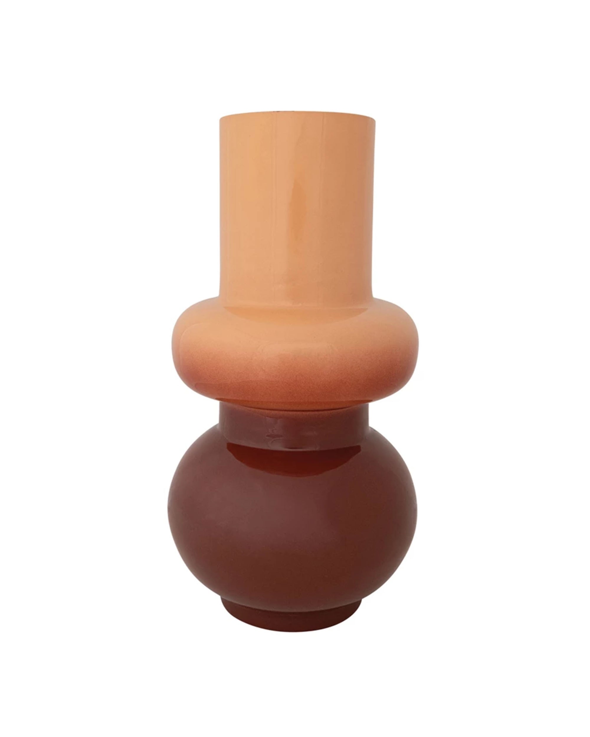 The Enameled Metal Rust Vase Small by Bloomingville features a glossy, dark brown rounded base, a light beige cylindrical neck, and a bulbous midsection blending both shades. Ideal for indoor or outdoor decor, it is shown on a white background.