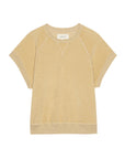 The Great Inc.'s The Micro Terry Wedge SS is a beige terry cloth short-sleeve sweatshirt with ribbed cuffs and hem, vintage-style visible seams, and an inner tag that reads "ONELAE.