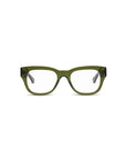 Front view of Caddis Miklos Heritage Green rectangular eyeglasses with a thick olive green frame and clear lenses, set against a plain white background.