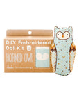 The Faire Horned Owl Embroidery Kit is a DIY set for making a plush with a light blue horned owl design, packaged in a box featuring an illustrated owl and “level 2” embroidery instructions using the charming Horned Owl Pattern.