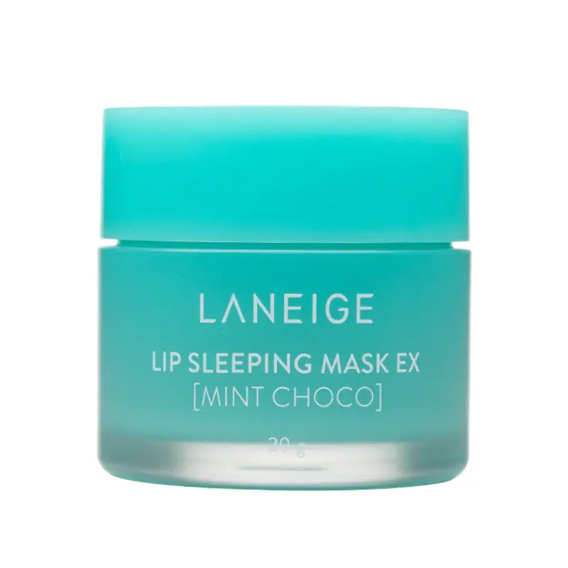A container of Faire Lip Mask in Mint Choco flavor, showing a turquoise lid and clear jar with white text in Arizona style.