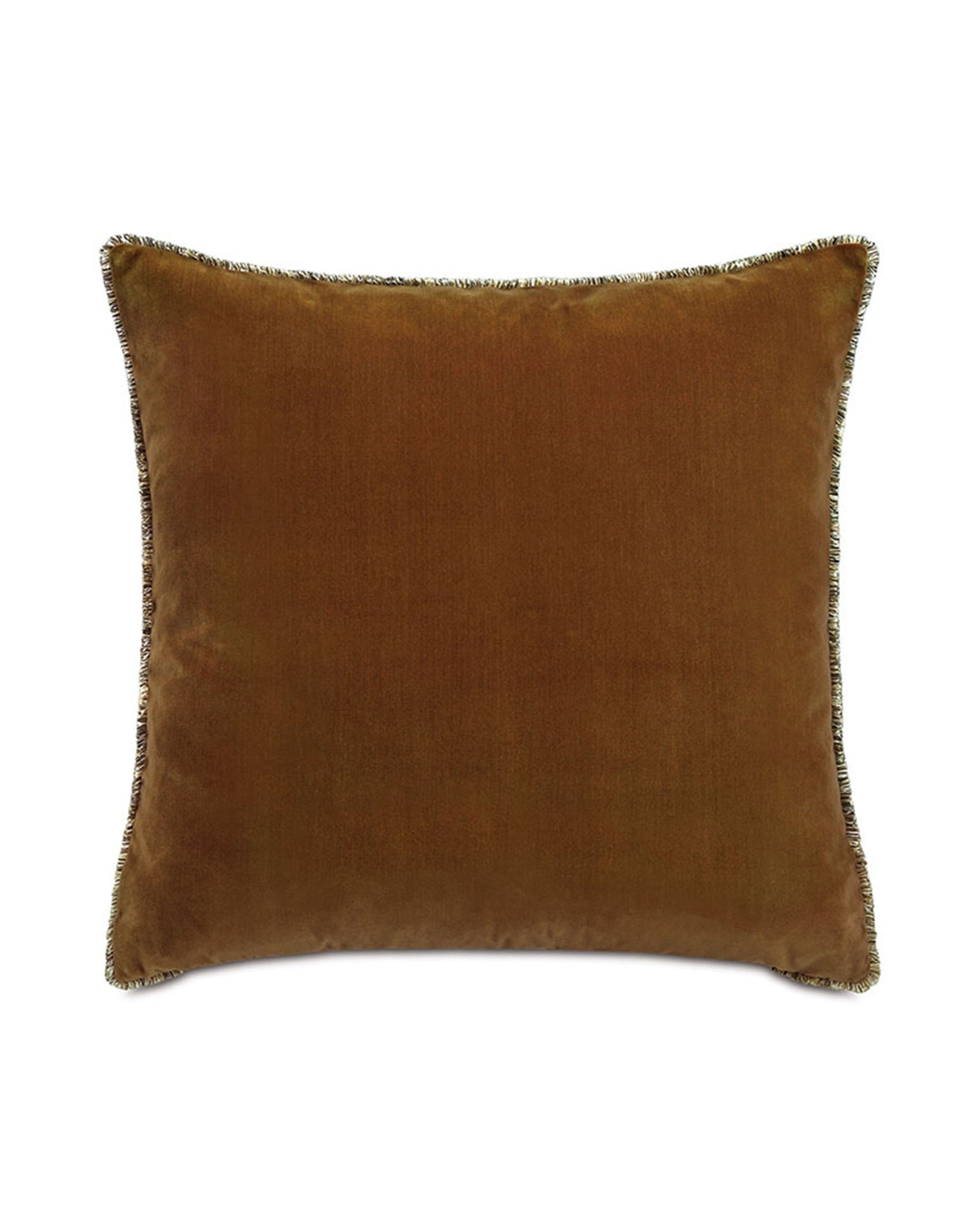 The MONTAGNE VELVET euro sham by Eastern Accents features square, brown velvet with a subtle sheen and dark gold fringe trim, shown against a white background.