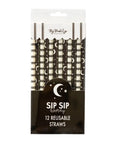 A pack of 12 MME Reusable Straws from My Mind’s Eye features black and white stripes with moon and star designs. The package says “SIP SIP hooray 12 reusable straws” and displays a crescent moon and stars graphic.