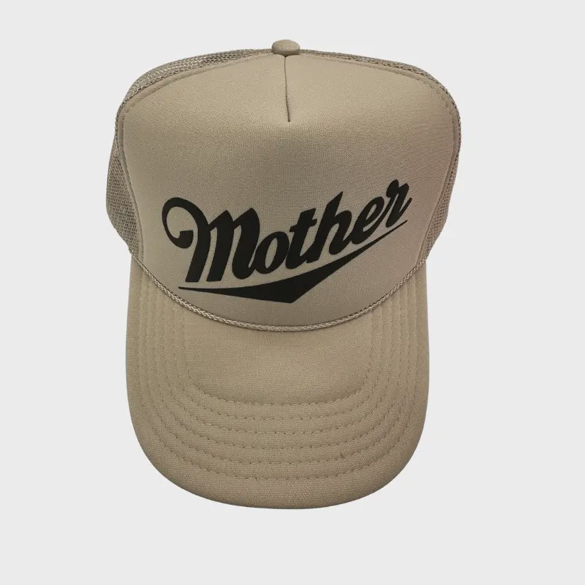 A beige baseball cap with the word "Mother" scripted in black across the front. The Faire Mother Summer Trucker Hat features a foam mesh back and an adjustable strap, perfect as a summer trucker hat.