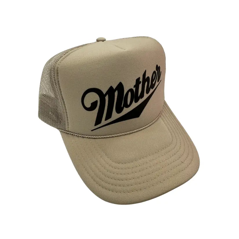 A beige trucker hat with a black embroidered script that reads "Mother Summer Trucker Hat" across the front, featuring a foam mesh back and adjustable strap by Faire.