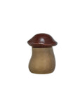 The Creative Co-op DF9712 Mushroom Canister features stoneware with a smooth brown-tan stem and a glossy reactive dark brown cap, displayed on a plain white background.
