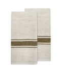 The Caravan Marseille Linen Towel Set-2 in beige, each with a brown horizontal stripe near the bottom, is shown laid flat and slightly overlapping against a white background.