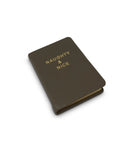 A Kempton & Co. Mini Notebook made of brown goatskin leather with gold embossed "NAUGHTY & NICE" on the cover, shown on a white background.