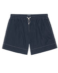 The Rover Short by The Great Inc.: dark navy men’s shorts in durable, lightweight fabric with elastic waistband, white drawstring, and contrast stitching—ideal for transitional weather. Displayed on a plain white background.