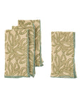Four folded Indaba Nori Block Print Napkins, handmade from cotton with green leaf patterns and light green edges, are arranged in two stacks on a white background—ideal accent pieces for dining room styling.