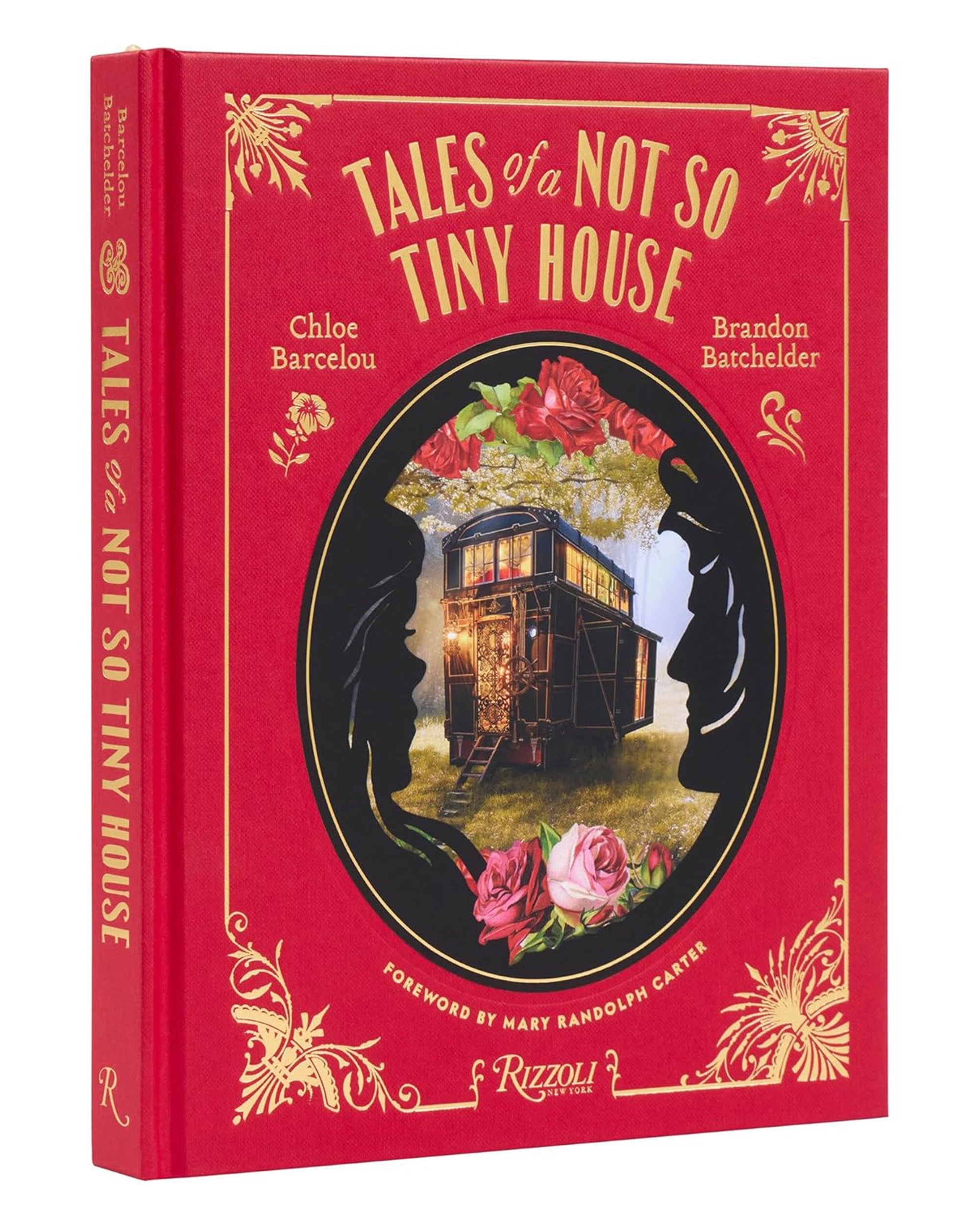 Tales of a Not So Tiny House by Random House features a red cover with a gold border, floral patterns, and an illustrated steampunk caravan framed by silhouettes.
