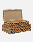 The Zion Hair on Hide Box by Made Goods features a rectangular shape with a hinged lid. Its exterior displays an elegant brown and black geometric diamond pattern, while the fabric-lined interior adds a refined finish.