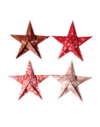 Four unique origami stars in red, pink, and brown Cambridge Imprint papers are arranged on a white background—perfect inspiration for creating your own Origami Star Garland by Faire or following origami instructions at home.