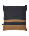 The Oscar Pillow by Libeco Home is a square, lightweight linen/wool cushion with a dark background and muted black and brown horizontal stripes. It features a simple, modern design and a subtle side tag.
