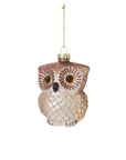 The Owl Ornament by Accent Decor is a glass Christmas ornament featuring brown and gold details, large eyes, and a gold string—ideal as a charming forest animal accent for your tree.
