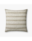 The PAL0040 Zephyr Ivory pillow by Loloi Rugs features a rectangular cotton design with a neutral beige background, thin dark brown horizontal stripes, and textured fabric for a cozy, rustic look.