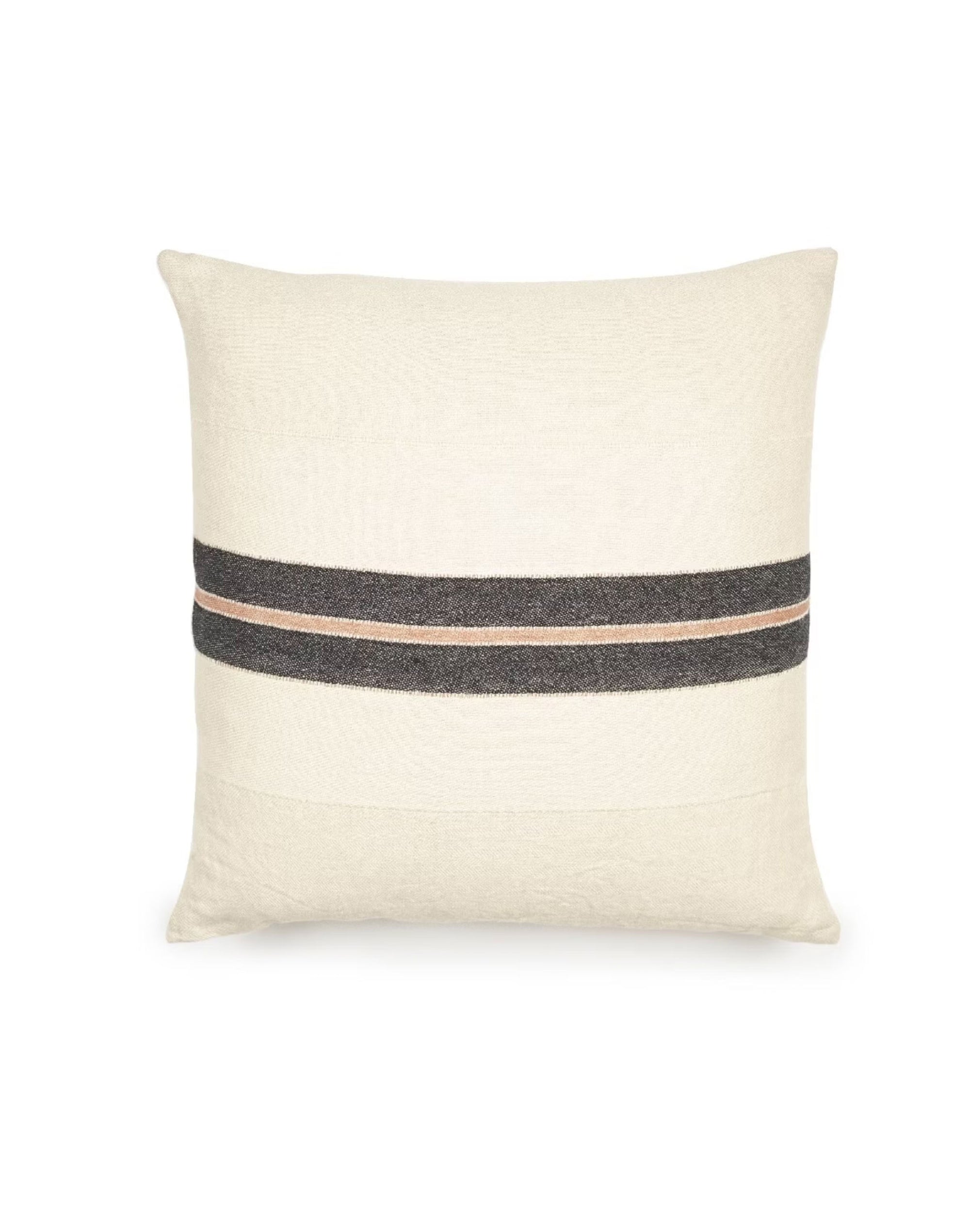 The Patagonian Pillow by Libeco Home is a square ecru cushion with two horizontal dark gray stripes and a thin beige stripe between, centered on a white background—a chic striped accent to elevate any space.