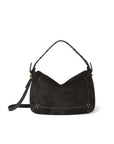The Pepito Large Bag by Jerome Dreyfuss is a black suede hobo handbag with gold-tone studs, a short top handle, and an adjustable shoulder strap, shown against a white background.