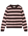 The Cashmere Stripe Crew by Jumper 1 2 3 4/CR2 is a lightweight, long-sleeved crew-neck jumper featuring soft cashmere and relaxed fit with horizontal pink and dark brown stripes for a casual style.
