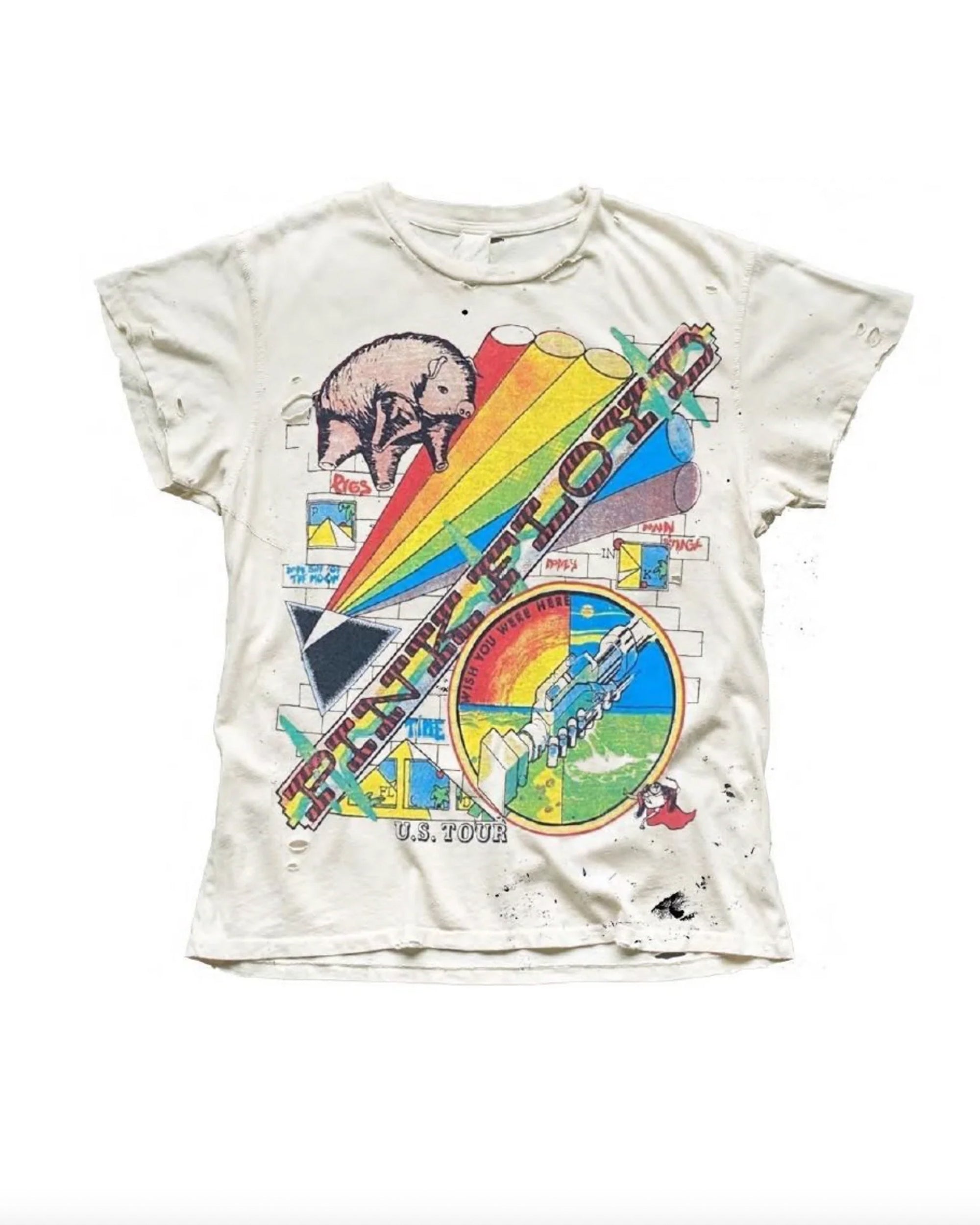 The Made Worn Pink Floyd Tee is a vintage unisex T-shirt in worn white, showcasing a colorful retro rainbow prism and buffalo graphic with bold "U.S. Tour" and "Pink Floyd" text on the front.