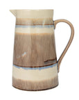 The Creative Co-op Pitcher w/ Stripes features brown and cream stoneware, a narrow spout, curved handle, blue accent stripes, and a charming crackle glaze for rustic serveware appeal.