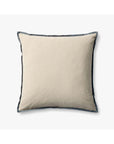 The PJBR0001 Natural BB Pillow by Loloi Rugs is a square beige cotton pillow with subtle vertical stripes, dark gray piping, and a hidden zipper, displayed against a plain white background.