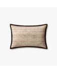 The Loloi Rugs PLL0143 Brown Pillow is a rectangular beige decorative pillow with textured polyester fabric, a dark brown border, and a hidden flap zipper, shown against a white background.