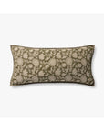 The Loloi Rugs PLL0165 Green Pillow 12x27 is a rectangular linen throw pillow with an olive green and beige damask floral pattern and antique bronze trim, shown on a plain white background.