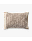 The Loloi Rugs PLL0183 Brown/Ivory Pillow 16x26 is a rectangular throw pillow with textured cotton fabric, showcasing a light brown and beige plaid pattern against a plain white background.