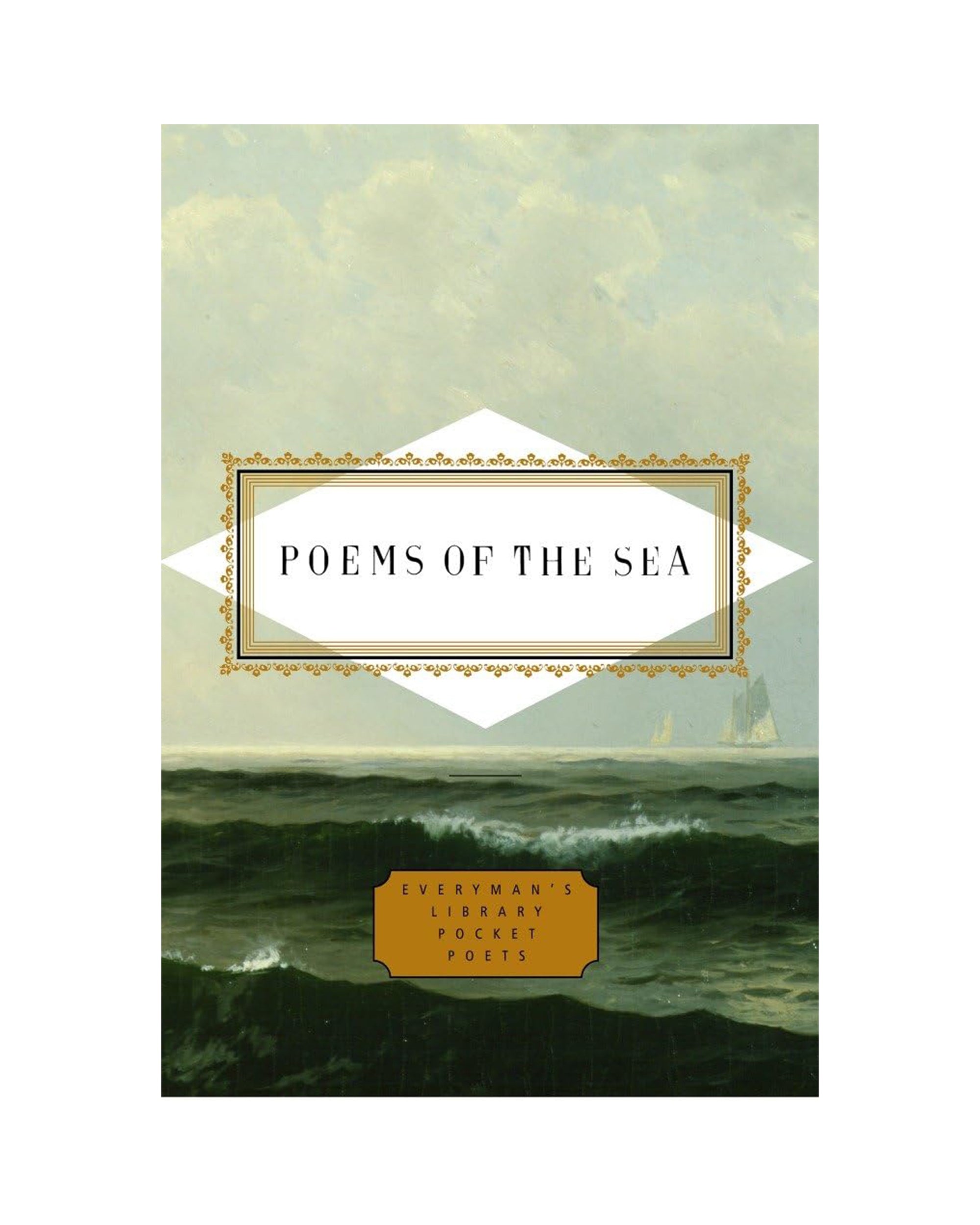 Book cover for "Poems of the Sea" by Random House, showing ocean waves beneath a cloudy sky. The title is set in a white ornate frame, with a gold label highlighting this poetry anthology.