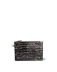 The Popoche M Pouche by Jerome Dreyfuss is a small, rectangular black leather pouch with crocodile texture, zip closure, gold ring key fob on one side, and gold studs at the bottom corners, shown against a white background.