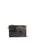 The Popoche M Pouche by Jerome Dreyfuss is a small, rectangular black leather pouch with crocodile texture, zip closure, gold ring key fob on one side, and gold studs at the bottom corners, shown against a white background.