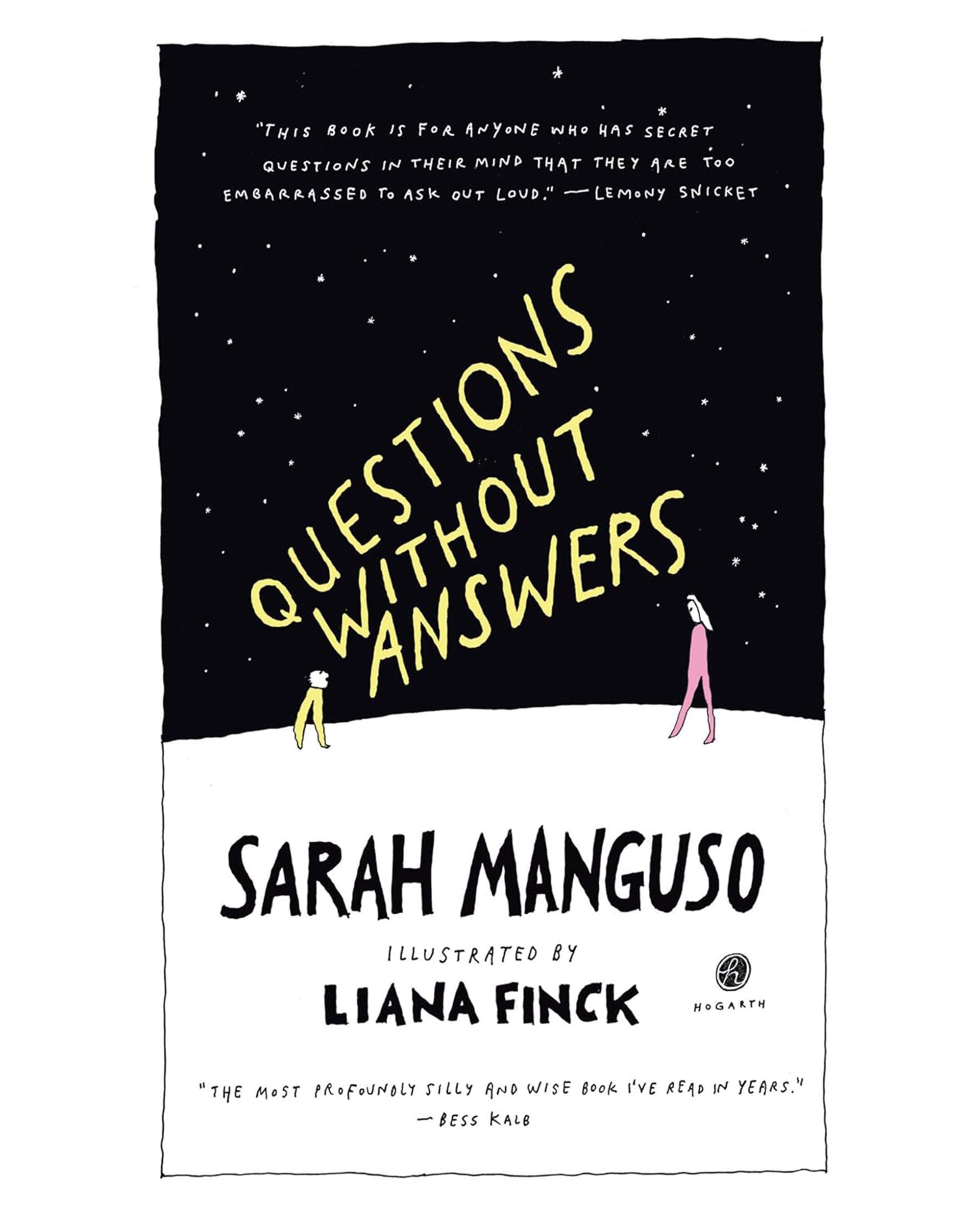 Book cover for Questions Without Answers by Random House, showing two small figures on a snowy landscape under a starry sky—an evocative scene reflecting the wonder of a child's imagination.