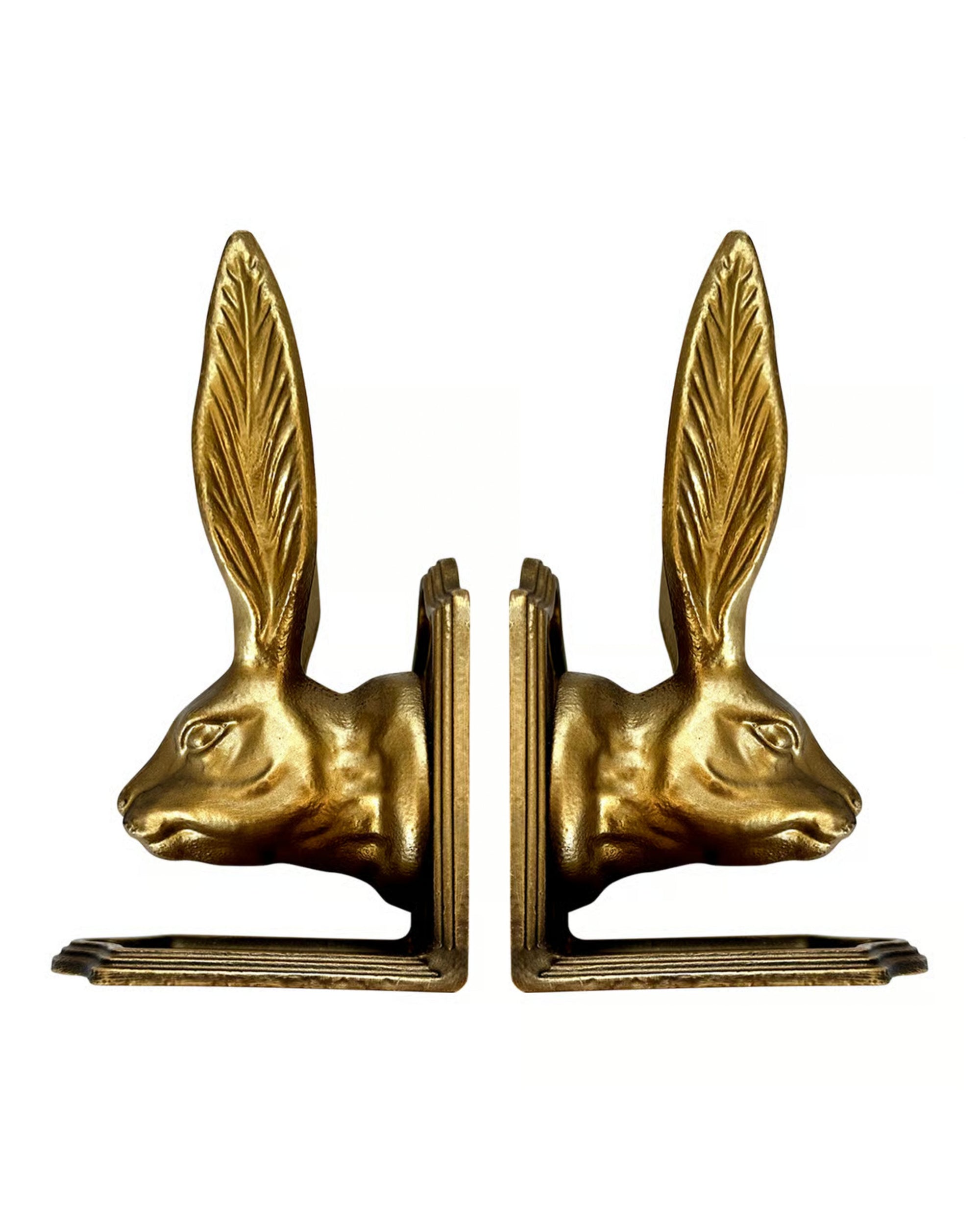 The Rabbit Bookend Set by Fox Run Brands features two gold-colored, heavy duty bookends shaped like rabbit heads with tall ears, facing each other—ideal decorative accents for any stylish shelf.