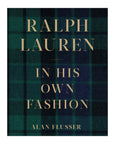 The cover of "Ralph Lauren In His Own Fashion" by Hachette Book Group features a green and blue tartan plaid pattern with gold lettering—a striking fashion book ideal for your coffee table.