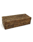 The Faire Rectangular Long Box w Lid is a brown woven wicker storage box, shown closed on a white background—ideal as handmade basket décor for eco-friendly home organization.