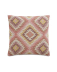 The REINHART KILIM pillow by Eastern Accents features a square shape with a southwestern-inspired geometric diamond pattern in pink, beige, and yellow on textured fabric. Pillow insert is included.