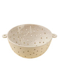Beige ceramic berry colander with handles by Faire, Riverstone Berry Bowl, perfect for kitchen use.