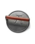 A round cast iron grill press by Fox Run Brands with a rosewood handle, ideal for evenly pressing and searing burgers, is pictured against a white background.
