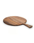 The Provencale Acacia Board by Fox Run Brands is a round wood paddle board with a handle and metal ring, ideal as a cheese or charcuterie platter, shown on a white background.