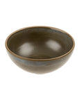 The Indaba Rowe Bowl Moss is a round, shallow stoneware bowl with a smooth, dark moss glaze and a slightly lighter rim, shown against a plain white background.