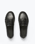 The Freda Salvador Sydney Crinkle Loafer features black Italian leather, gathered toe stitching, and a simple front strap, shown on a white background.