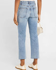 A person is shown from the back against a plain background wearing FRAME’s The Ruler Crop high-waisted, light blue slim-straight jeans, a white top, white sandals, and holding a light beige handbag.