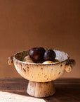 The CFNG1002 Rustic Ceramic Compote by Kalalou, Inc features two handles and holds dark plums and light fruits on a wooden surface—ideal kitchen decor against a plain brown background.